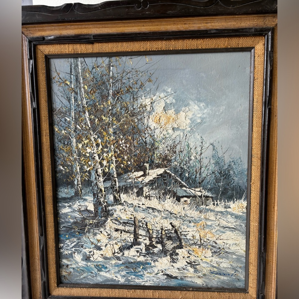 Vintage Signed Oil on Canvas Winter Landscape Painting w/ Houses